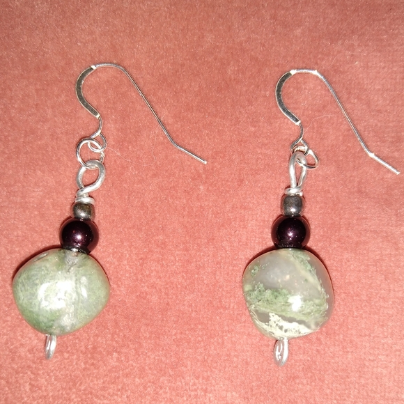925 Solid Sterling Silver Wires Moss Tree Agate Handmade Gemstone Earrings New - Picture 3 of 6